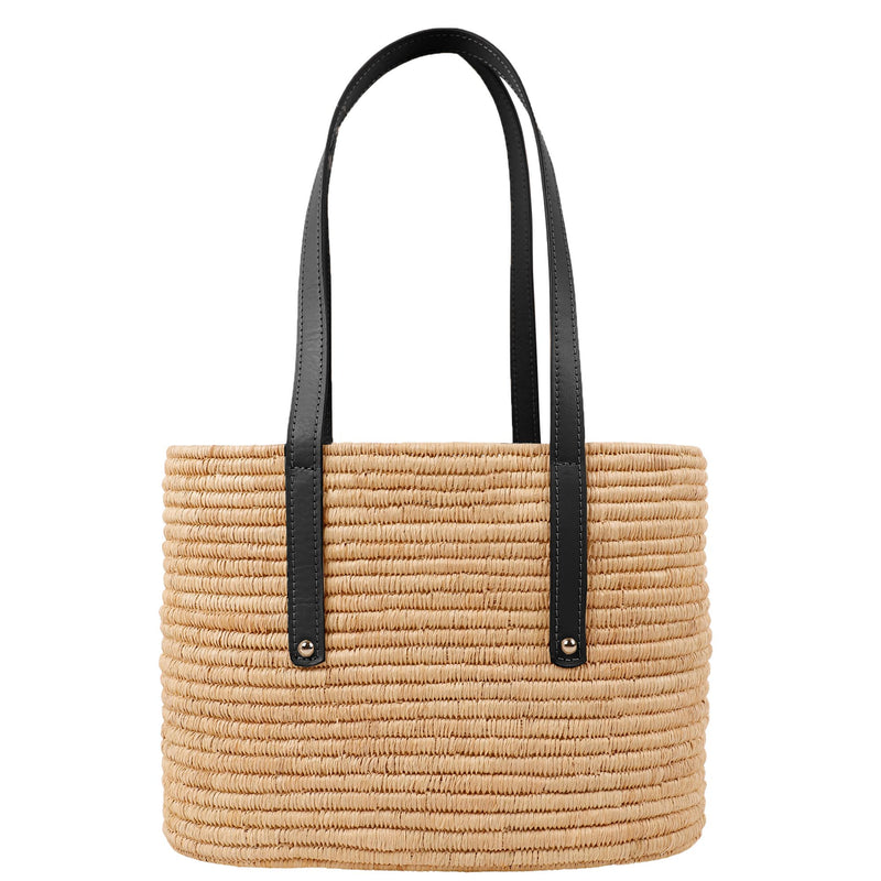 Noor-Black and Natural-Large Tote-Front-2-Wicker-Wings-Wicker-Bag-Bucket-Bag-Bags-for-Women-Designer-Handbags-Beach-Bag-Summer-Bag-Straw-Bag-Black-Bag-Crossbody-Bag-Mini-Bag-Leather-Handbags-Purse