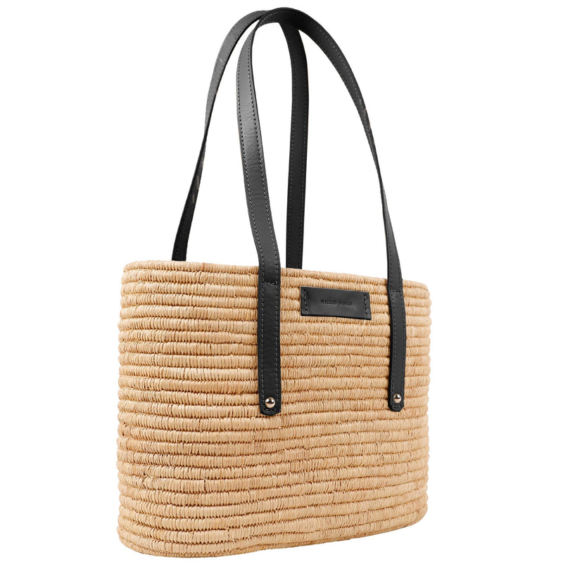 Noor-Black and Natural-Large Tote-Front-2-Wicker-Wings-Wicker-Bag-Bucket-Bag-Bags-for-Women-Designer-Handbags-Beach-Bag-Summer-Bag-Straw-Bag-Black-Bag-Crossbody-Bag-Mini-Bag-Leather-Handbags-Purse