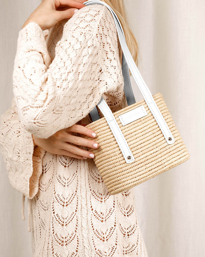 Noor-White and Natural-Small Tote-1-Front-2-Wicker-Wings-Wicker-Bag-Bucket-Bag-Bags-for-Women-Designer-Handbags-Beach-Bag-Summer-Bag-Straw-Bag-Black-Bag-Crossbody-Bag-Mini-Bag-Leather-Handbags-Purse